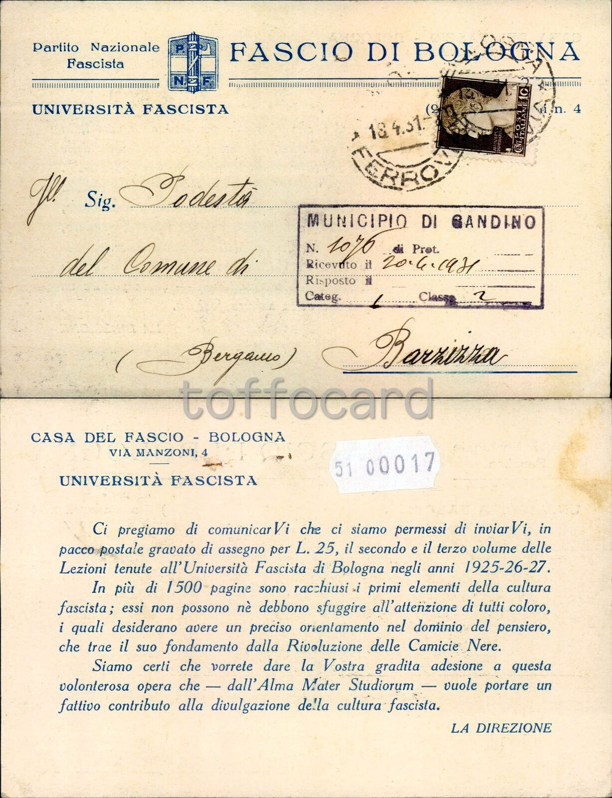 Propaganda WW2-FASCIO By Bologna-Universita\' FASCISTA-B51-17