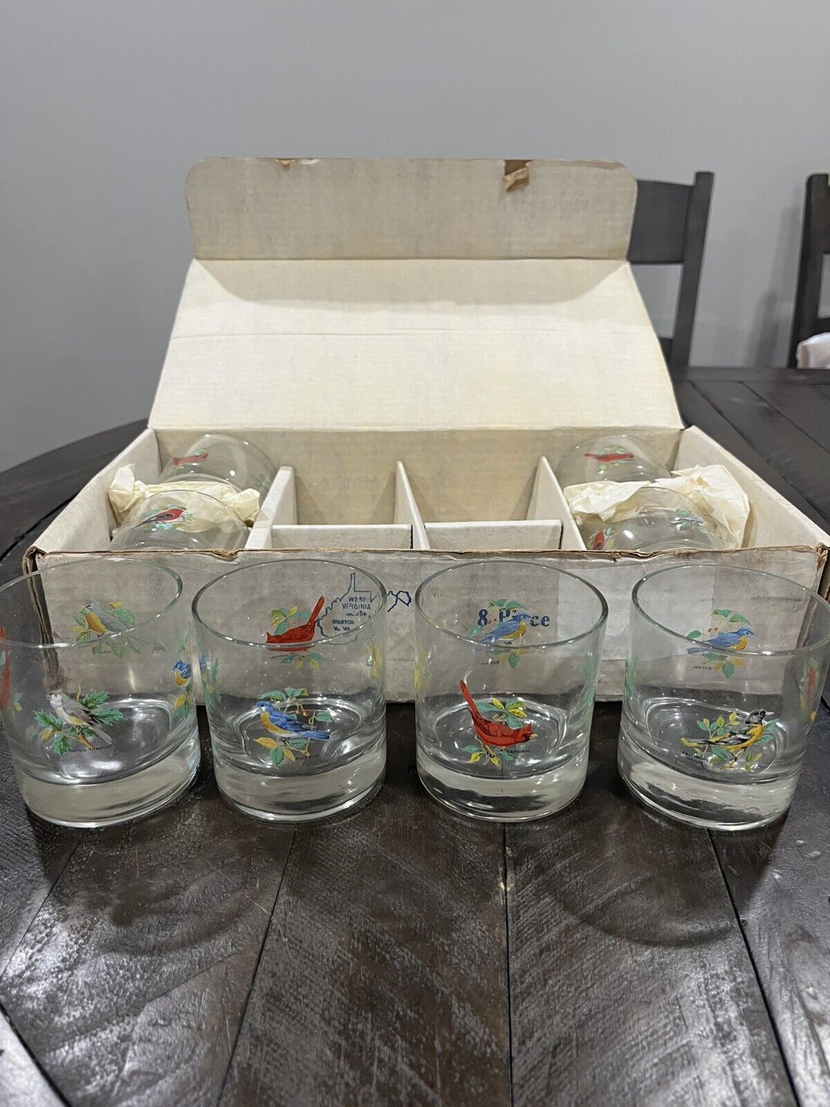 Vintage West Virginia Glass Song Birds lowball whiskey Bar glasses MCM 8 NOS