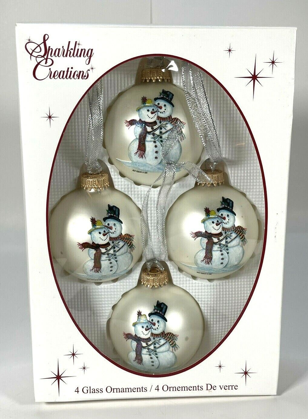 Vintage Glass Christmas Tree Ornaments Snowman Sparkling Creations Set of 4 USA