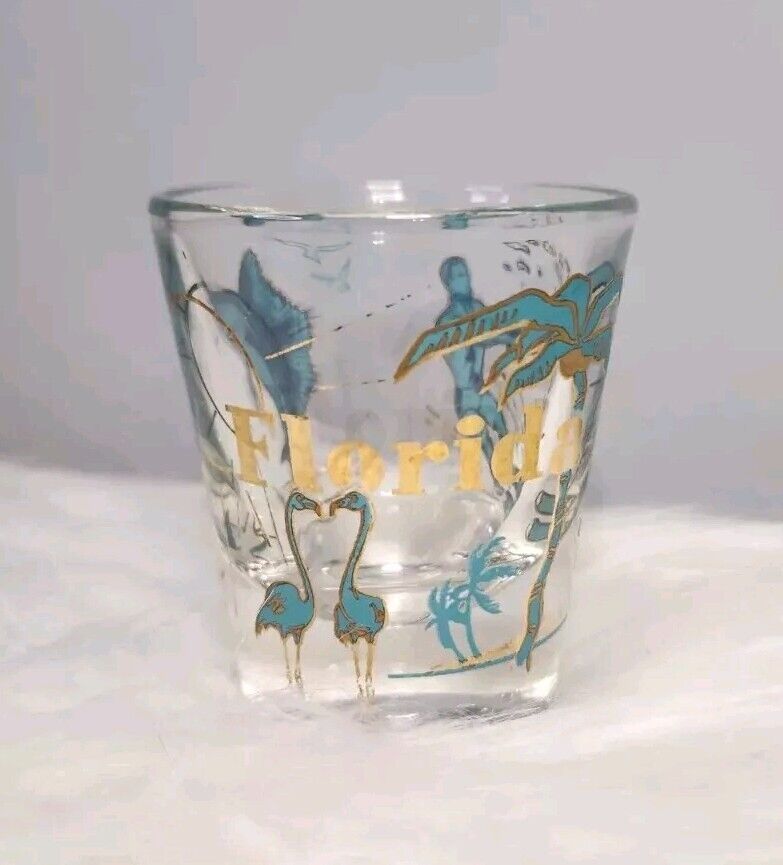 Vintage 1970\'s MCM Turqouise And Gold Florida Shot Glass