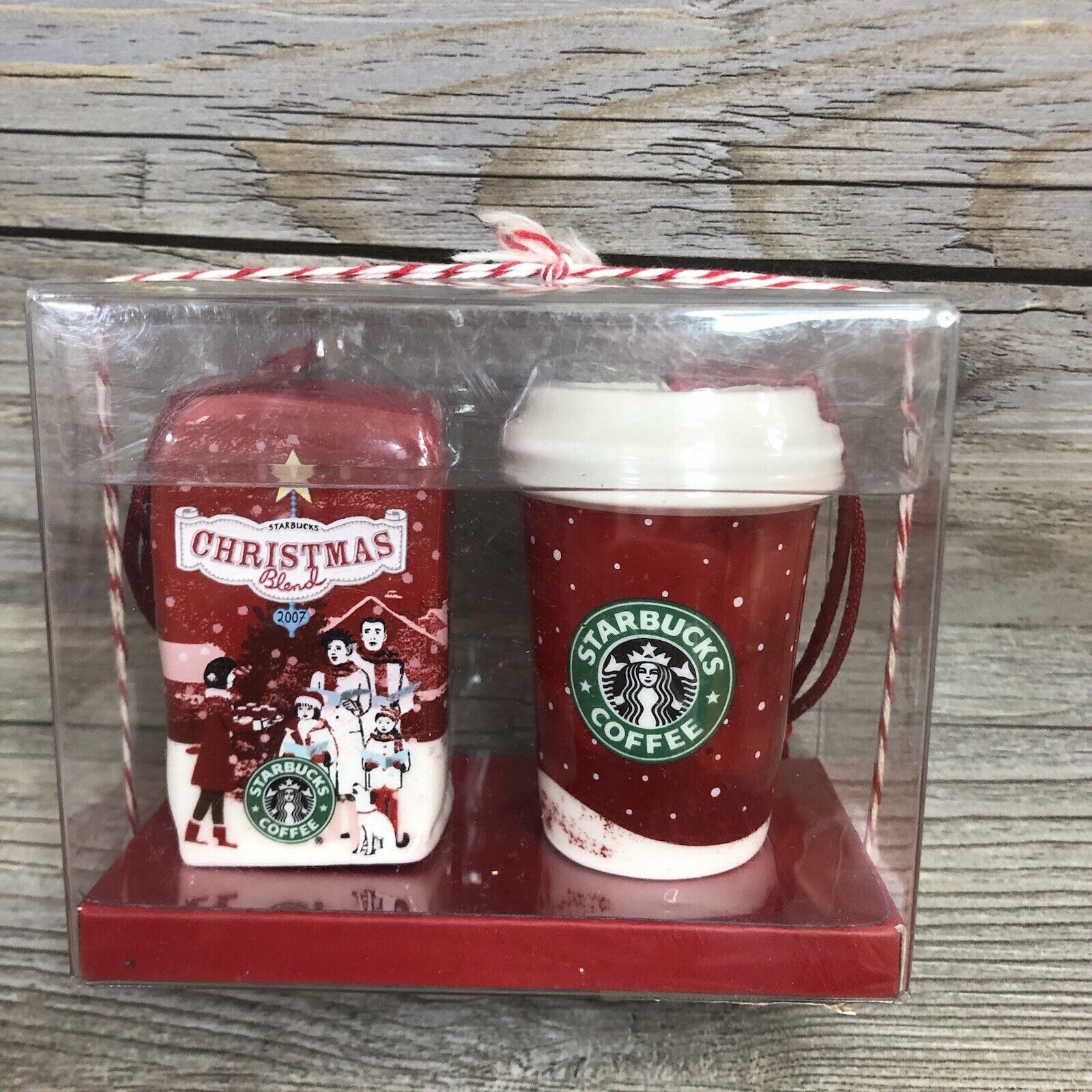 Starbucks 2007 Mini Tumbler Cup & Coffee Blend Bag Christmas Tree Ornaments 2.5\