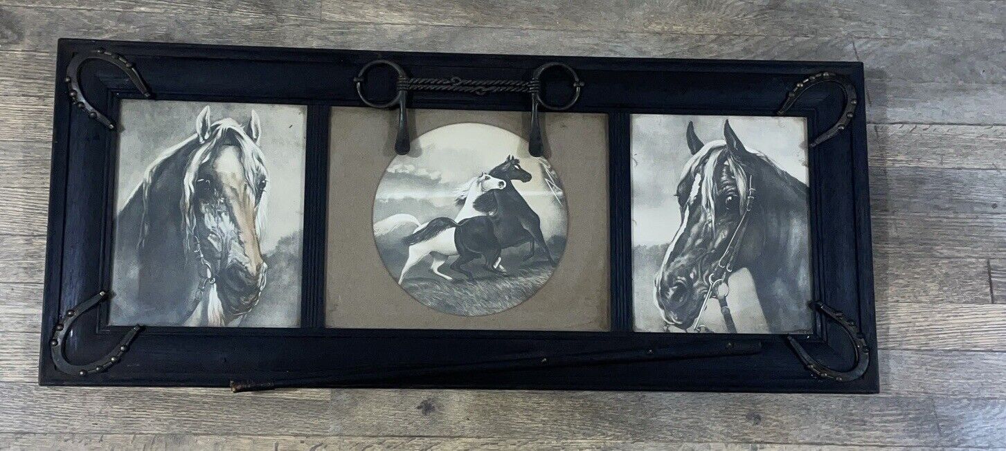 Antique Three-Panel Glass Horse Scene Horse Shoes Whip Wood Frame 36x16