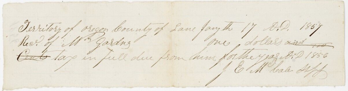 Lane County Oregon Territory orig 1857 Tax Receipt Sheriff James McCabe signed