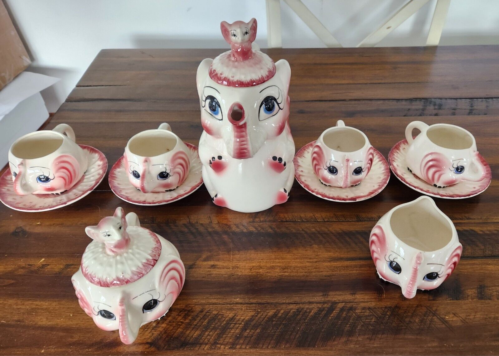 Kitschy Vintage Pink Elephant Tea Set Cups Saucers, Sugar  Creamer,Rare.lefton?
