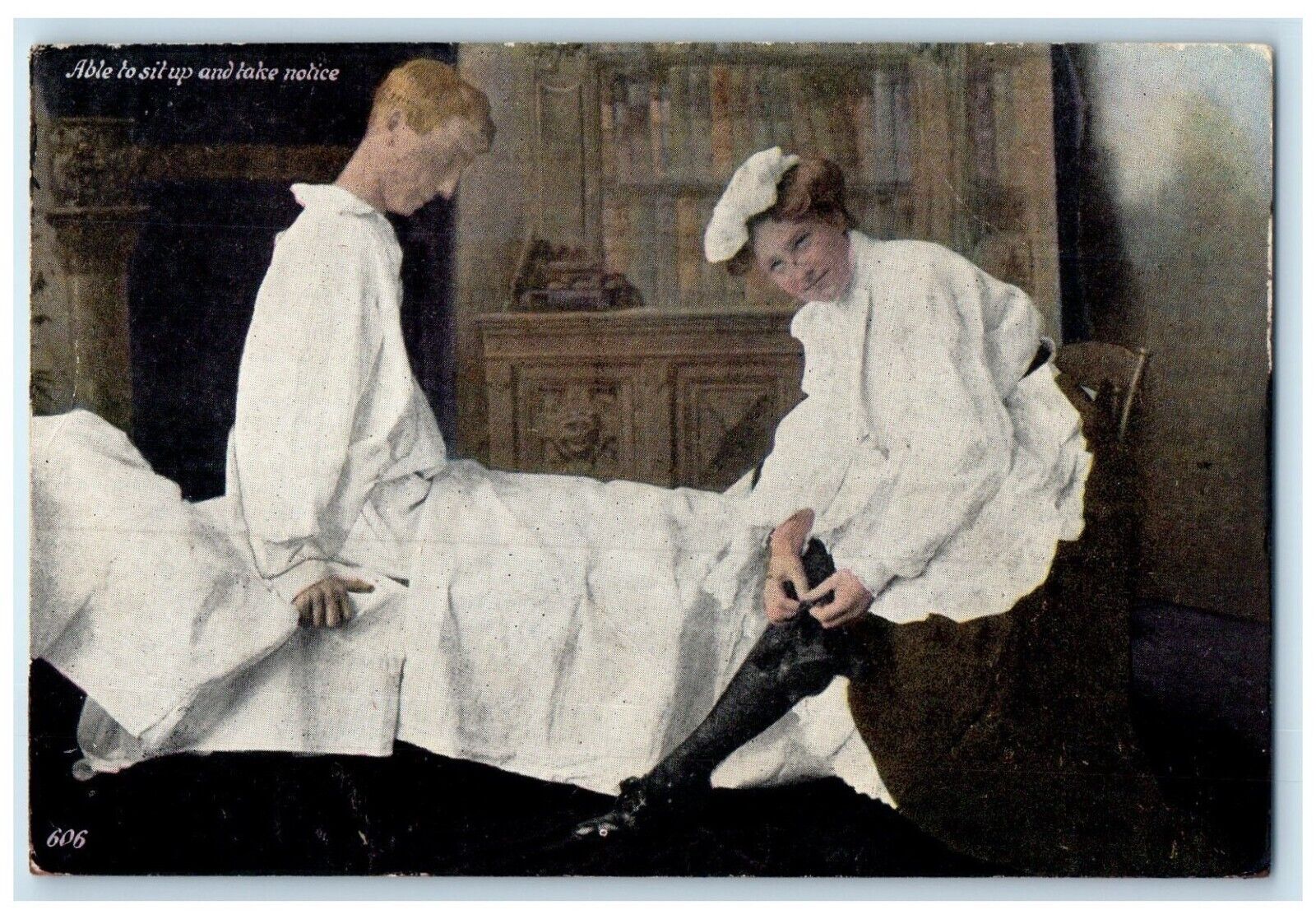 c1905 Man On Bed Able To Sit Up And Take Notice Unposted Antique Postcard