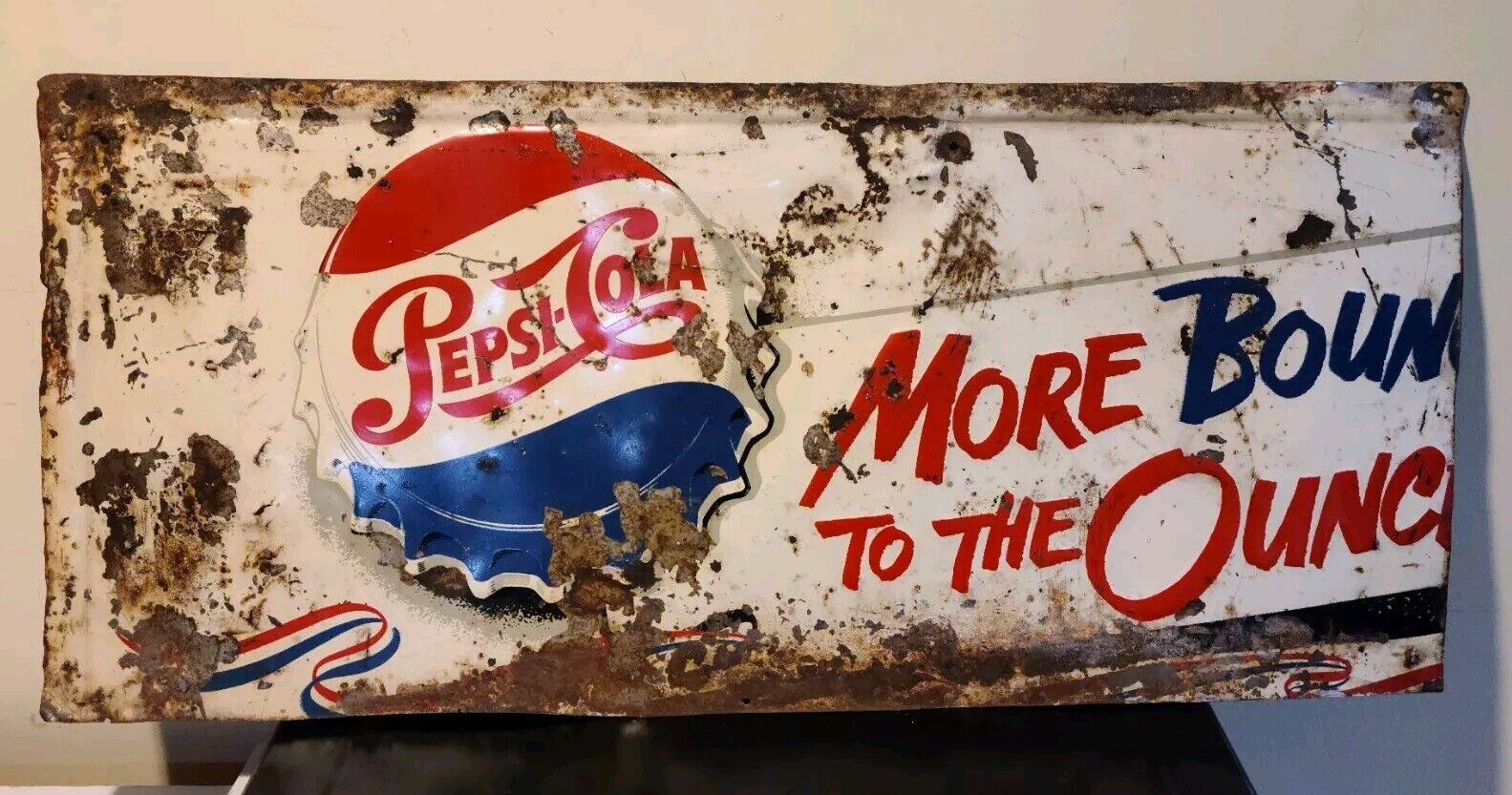 VINTAGE PEPSI COLA SODA SIGN- MORE BOUNCE TO THE OUNCE- 1950\'s Steel. 28\