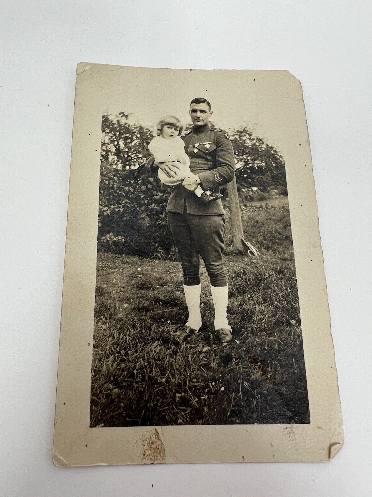 Vintage Photograph, World War One WWI Soldier in Uniform With Child