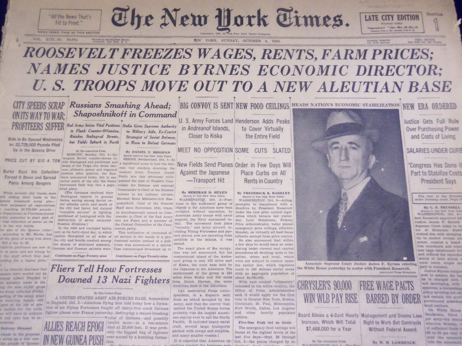 1942 OCT 4 NEW YORK TIMES - ROOSEVELT FREEZES WAGES BYRNES - NT 1144