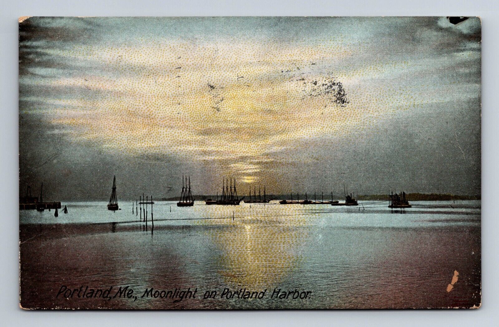 Moonlight on Porland Harbor Portland Harbor Boats Postcard c1911