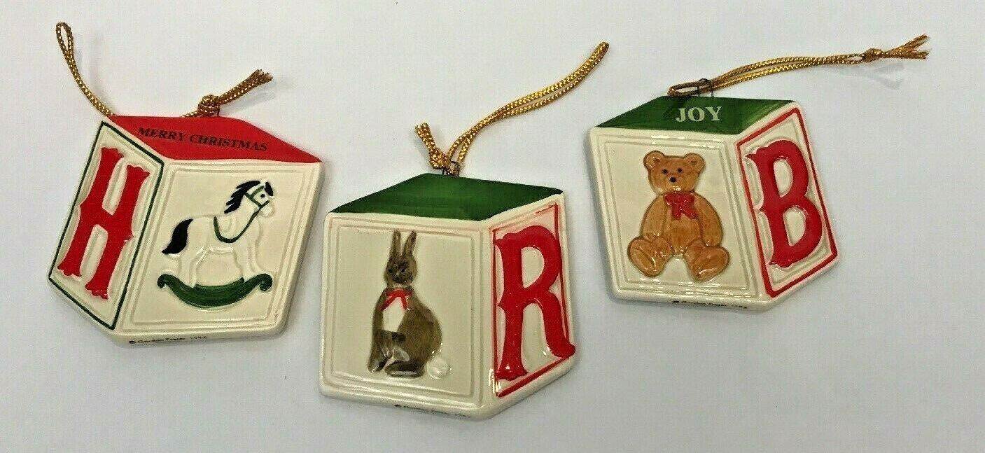 Christmas Ornaments ABC Blocks Bear Bunny Ceramic Japan Set 3 Vintage