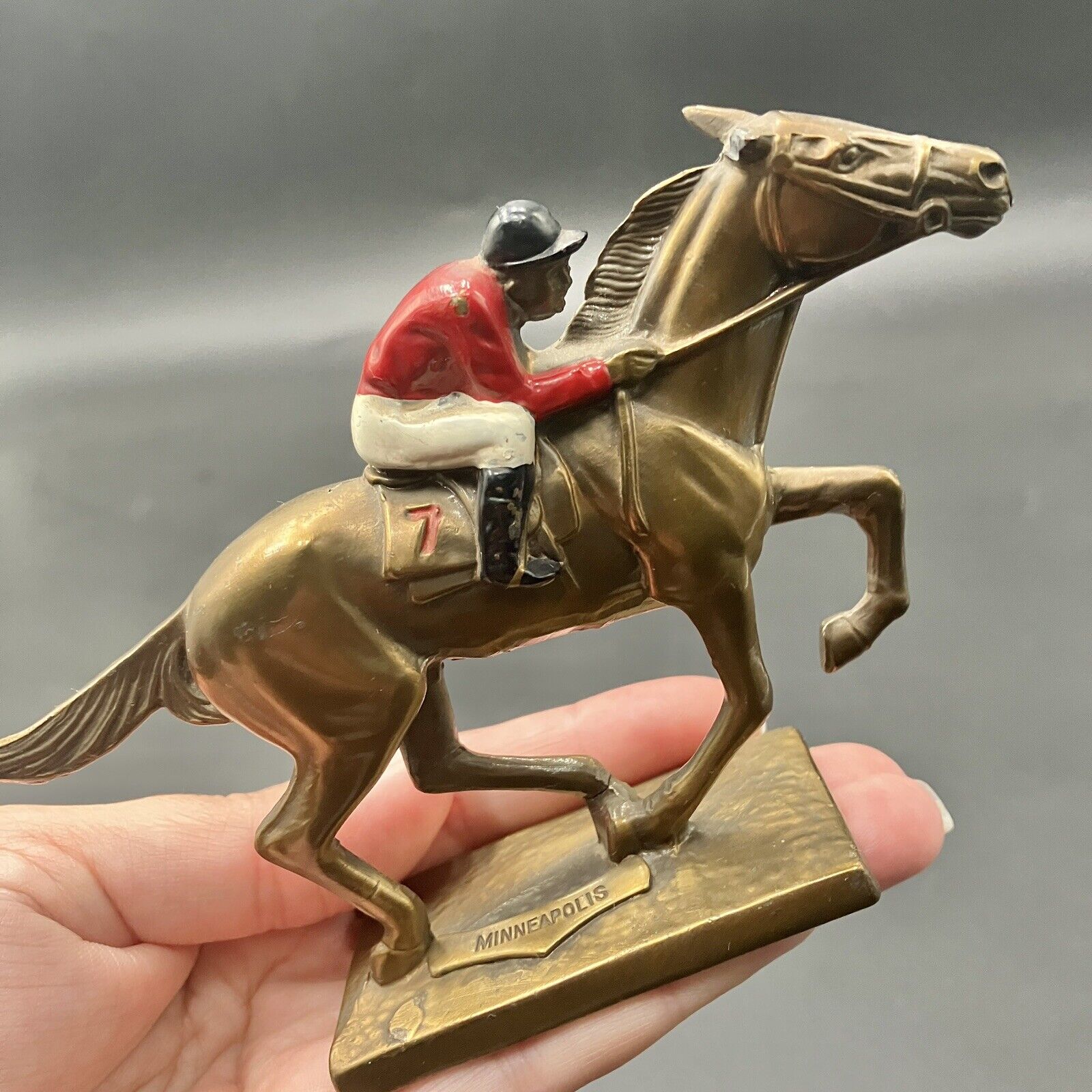 Antique K&O Horse Racing Jockey Art Statue Desk EQUESTRIAN Paperweight - READ
