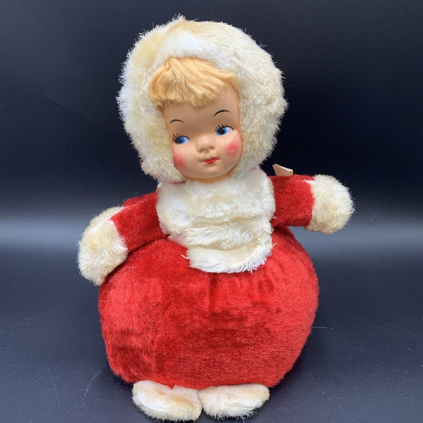 Vintage 1950s Rubber Face Style Doll with Celluloid Face Plate Red White Xmas