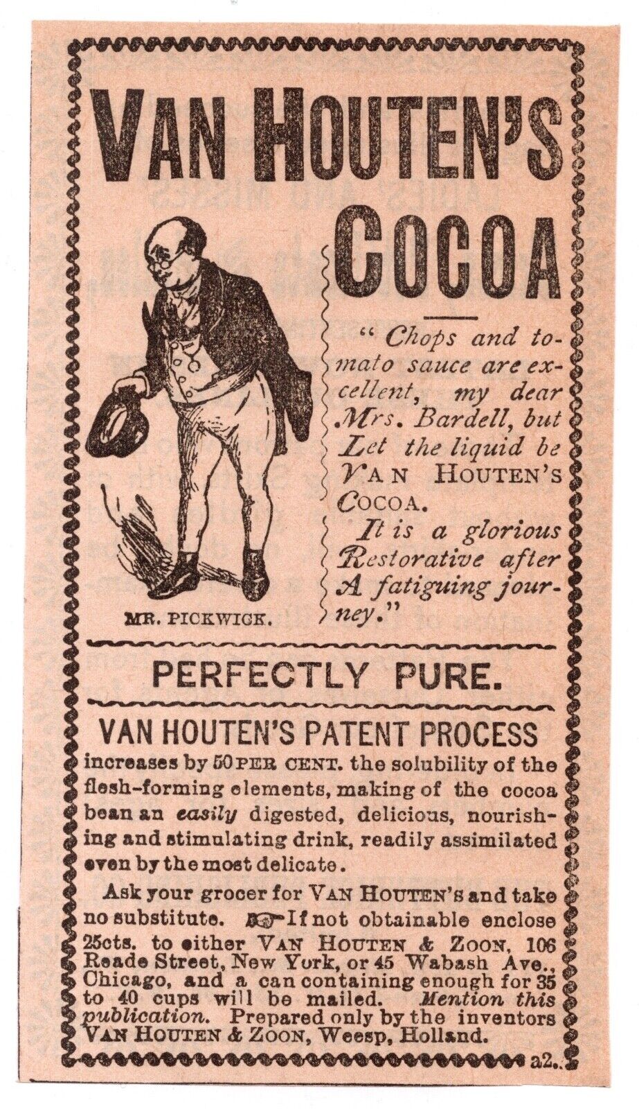 c1880s Van Houten\'s Cocoa Restorative Hot Drink Mr Pickwick Antique Art Print Ad