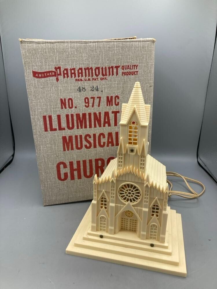 Vintage Paramount Raylite Musical Light Up Church in Original Box Christmas #977