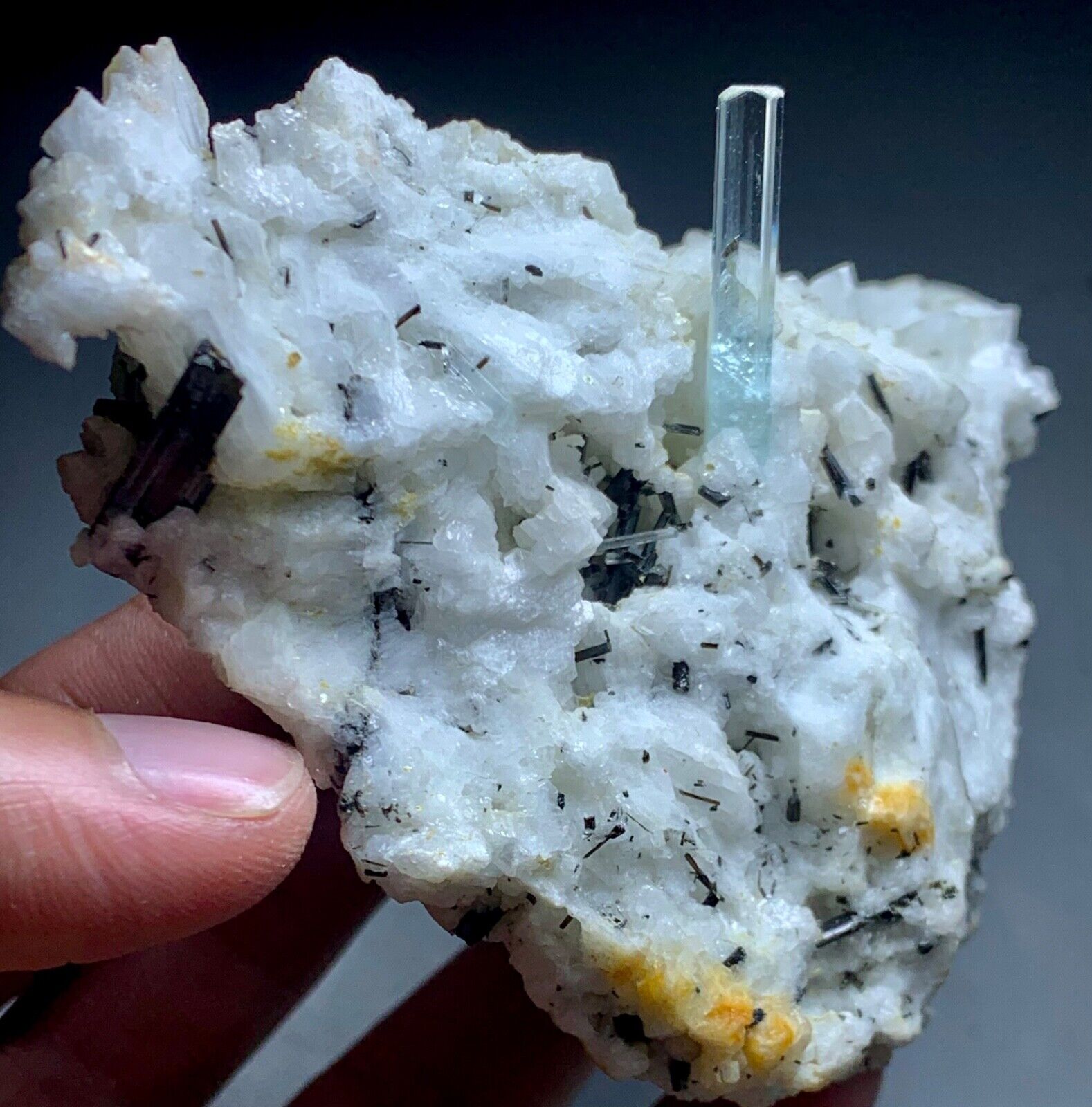 210 Gram Aquamarine Crystal On Feldspar And Tourmaline Spray