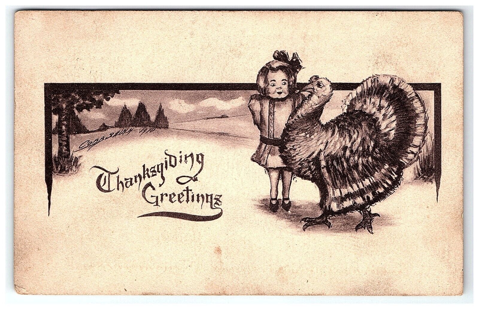 c1910 Postcard Shinn Thanksgiving Greeting Cobb Girl & Turkey Artist Signed