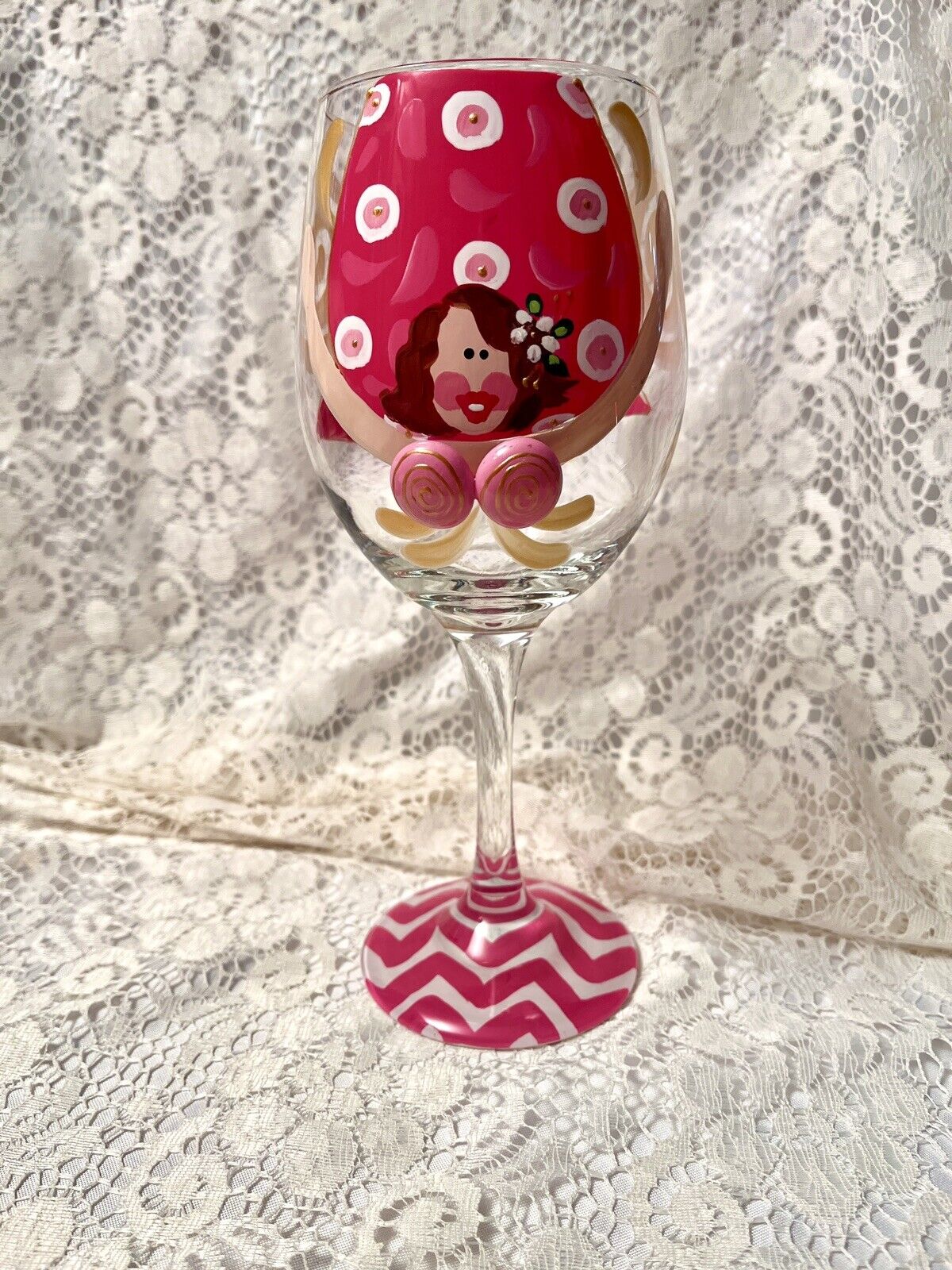 Handcrafted Mermaid Wine Glass Whimsical  Bikini Top 16Oz Bar Glass Pink