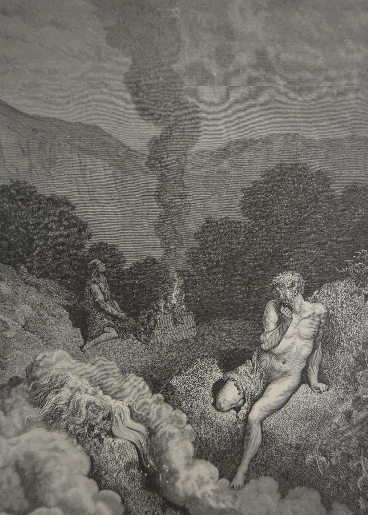 Antique Religious Art Print 1880 Gustave Dore Cain and Abel Offer Sacrifice