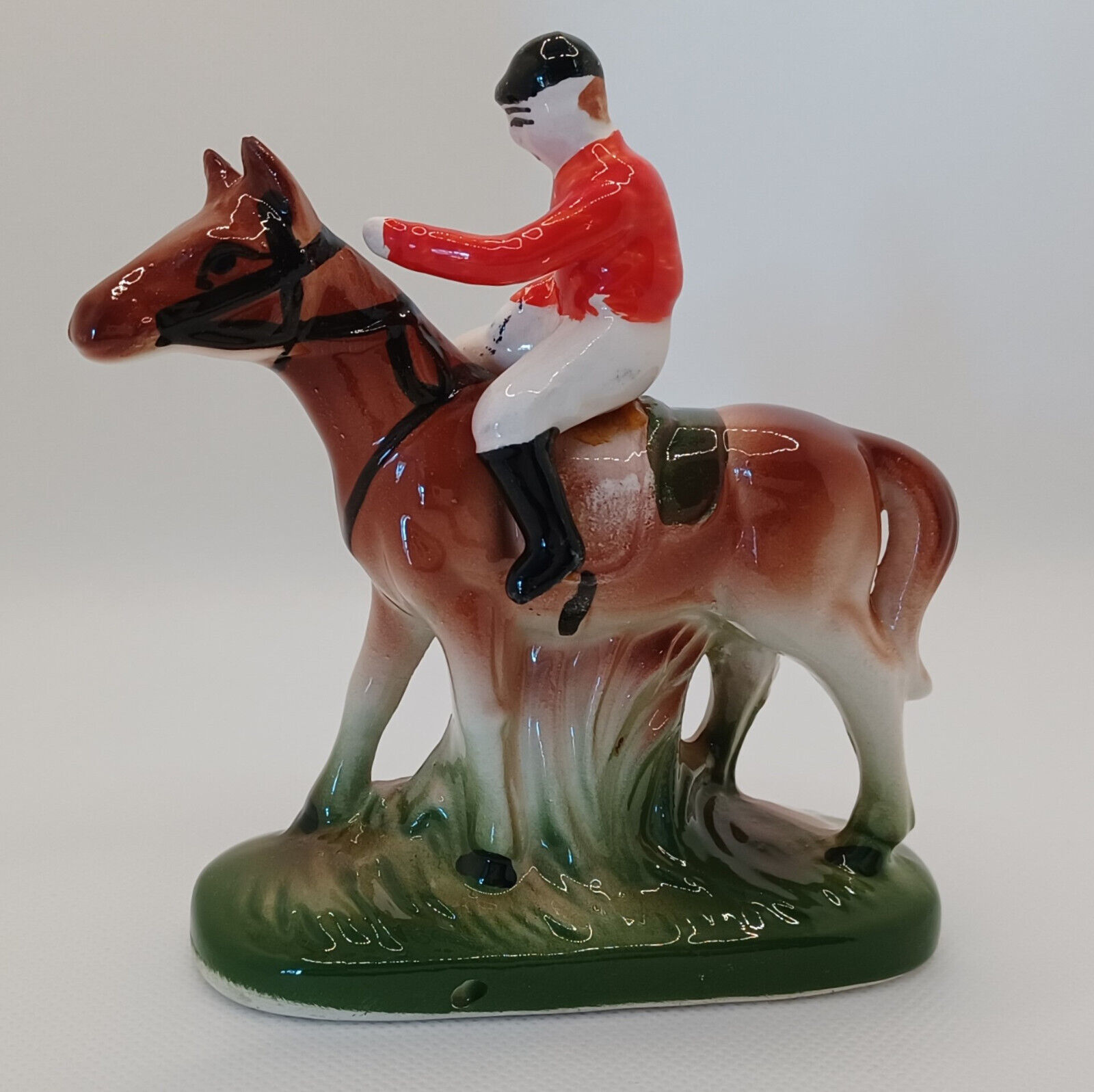 Equestrian Jockey on Horse Handpainted Ceramic Figurine Racing Fox Hunting 