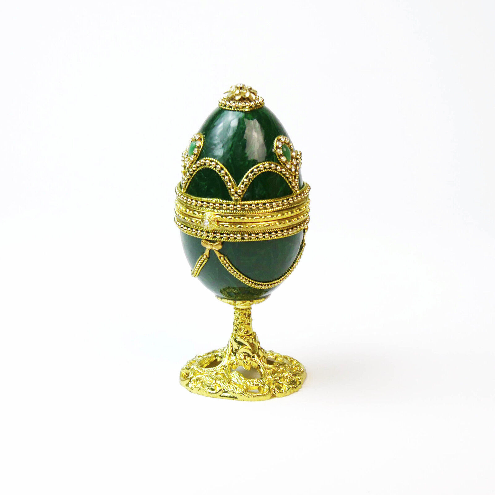 KINGSPOINT DESIGN Hinged Emerald Egg Trinket Music Box. Item 30456