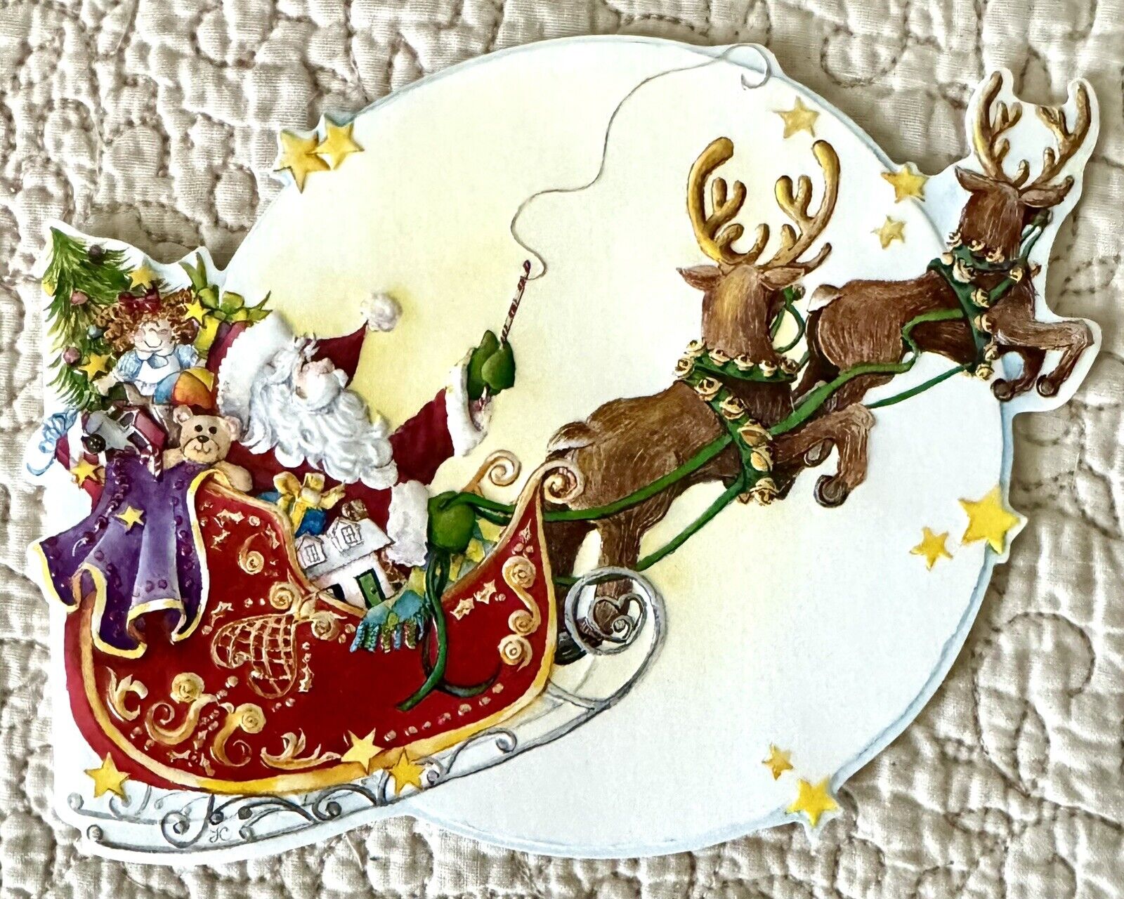 Unused Christmas Santa Reindeer Big Moon Die Cut Greeting Card Carol Wilson Art