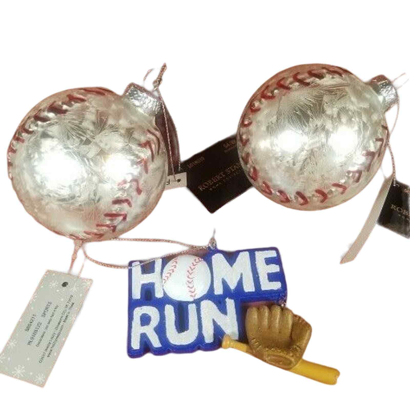 Robert Stanley Glass Ornament Baseballs, Home Run Bat Glove Christmas Lot Of 3