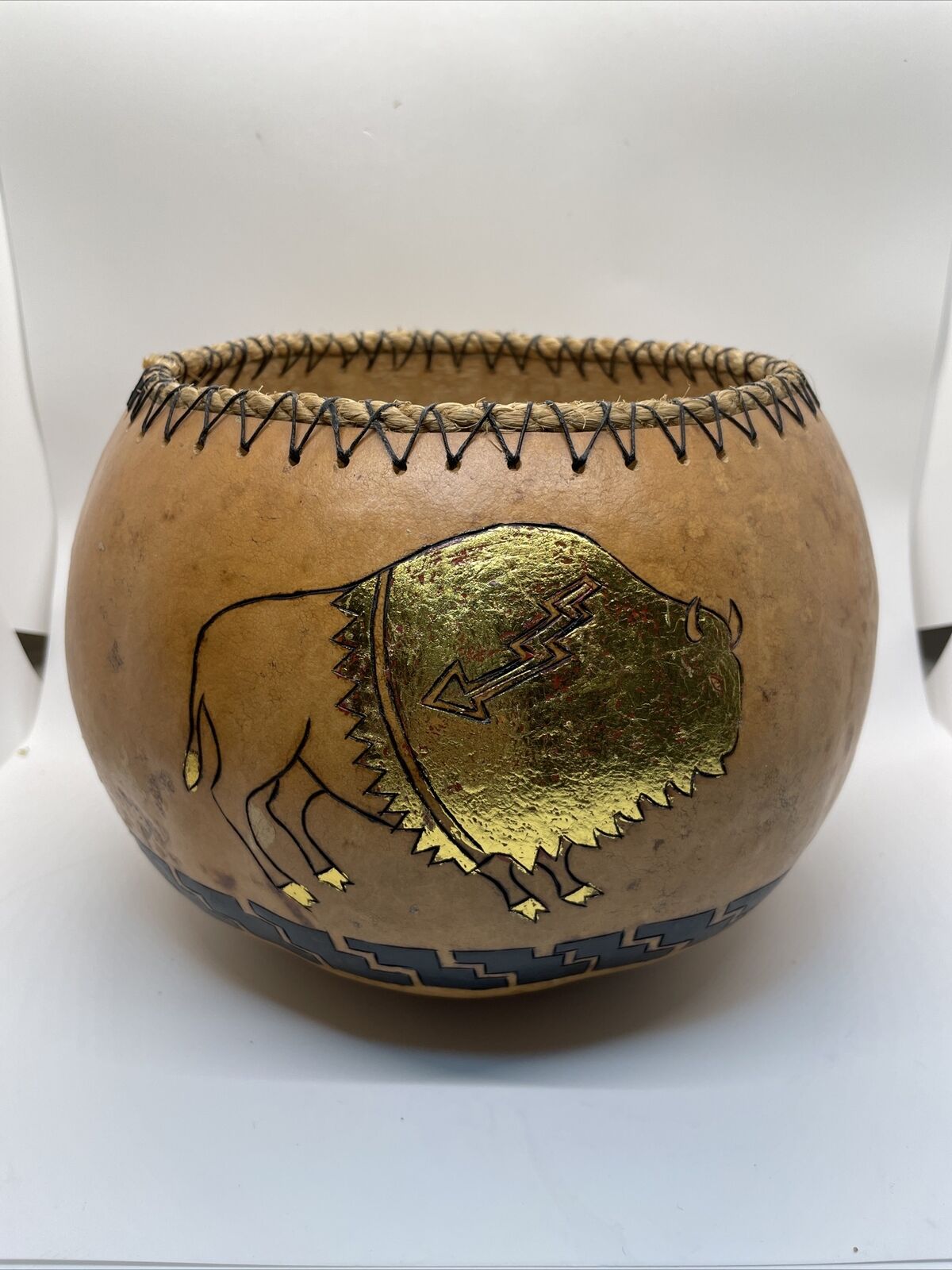 VTG Native American Carved  Gourd Bowl Gold Bison Rope Top Signed RnD 97 6”Tx9.5