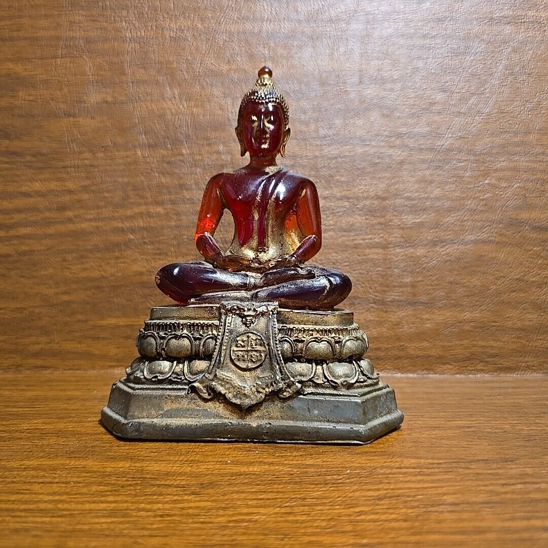Vintage Buddha Transparent Amber Resin Gold Figure Buddhism Buddhist MCM 5.5”