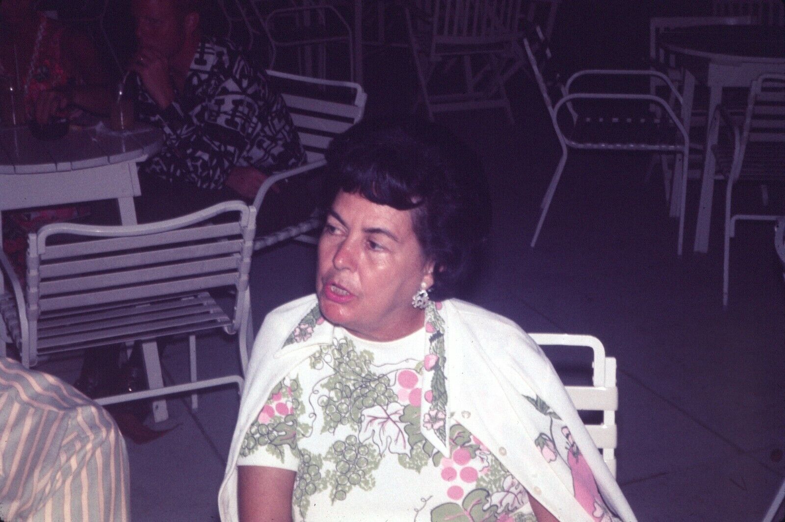 1971 Older Woman Talking Sitting Beach Restaurant Night Vintage 35mm Slide