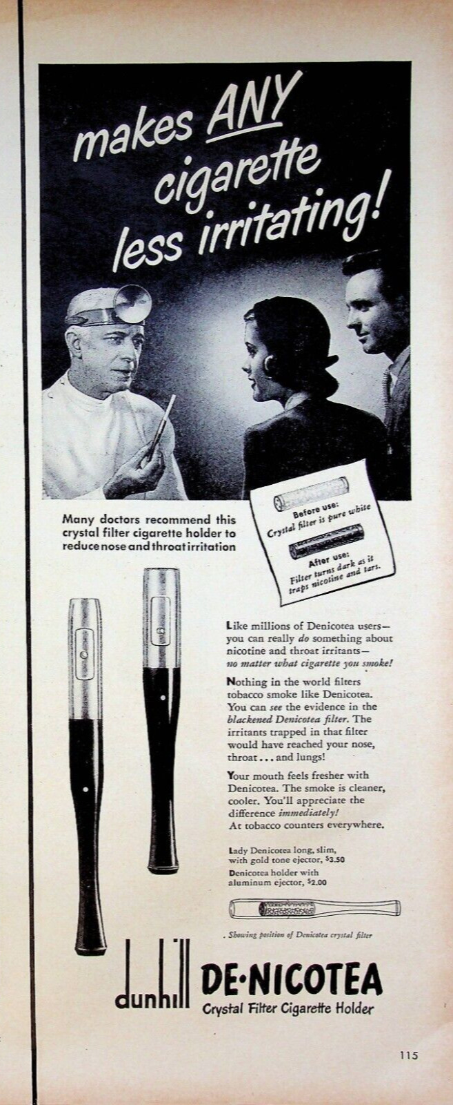 1949 Dunhill Crystal Filter Cigarette Holder Print Ad 1940s Doctor Recommended
