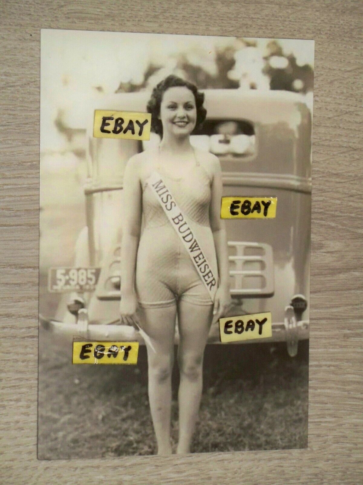 4X6 Vintage Artistic 1940's ? Photo Miss Budweiser 1 Pc Bathing Suit By Old Car