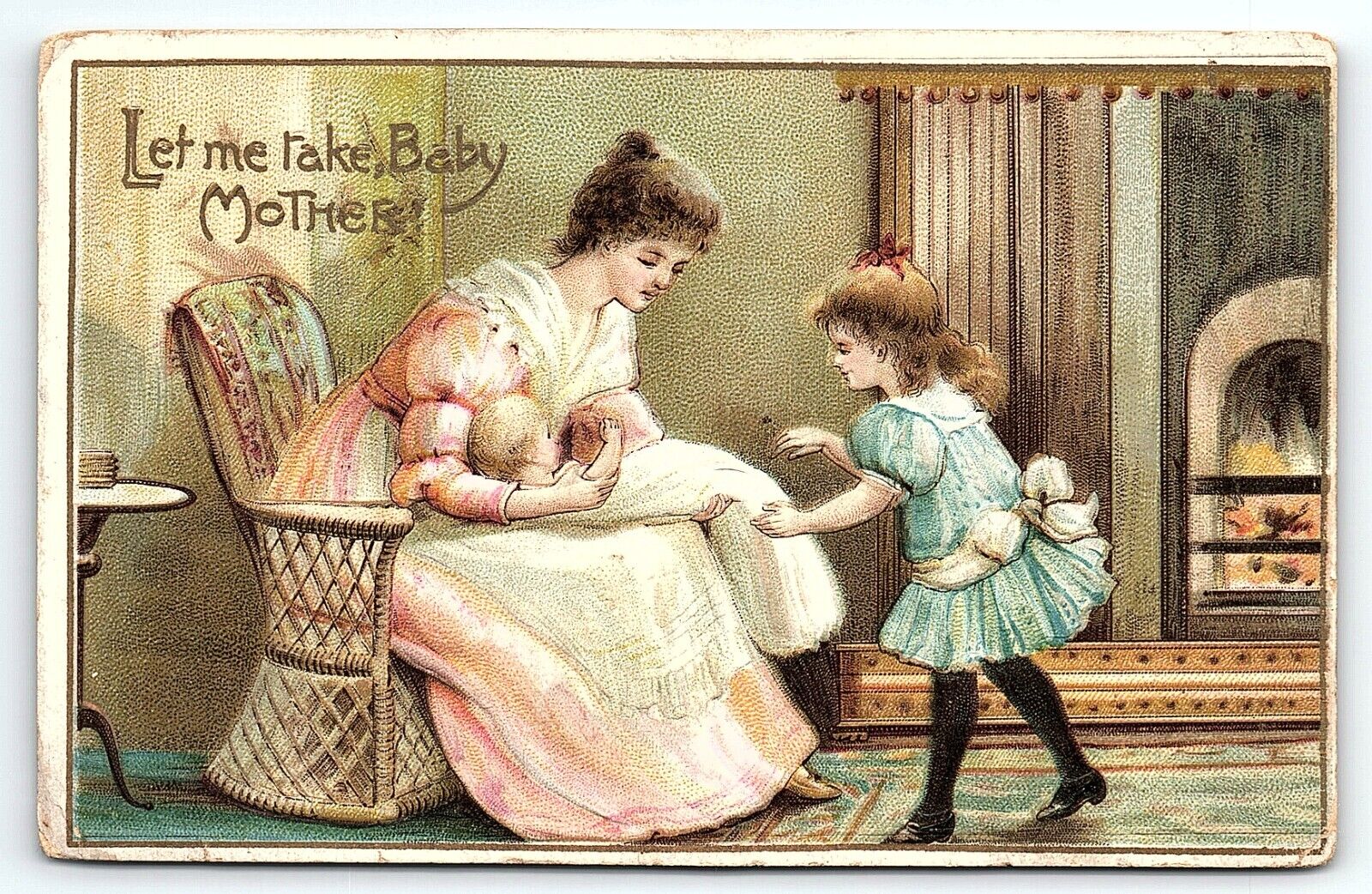 c1910 VICTORIAN MOTHER DAUGHTER AND BABY EMBOSSED HOME SCENE POSTCARD P3665