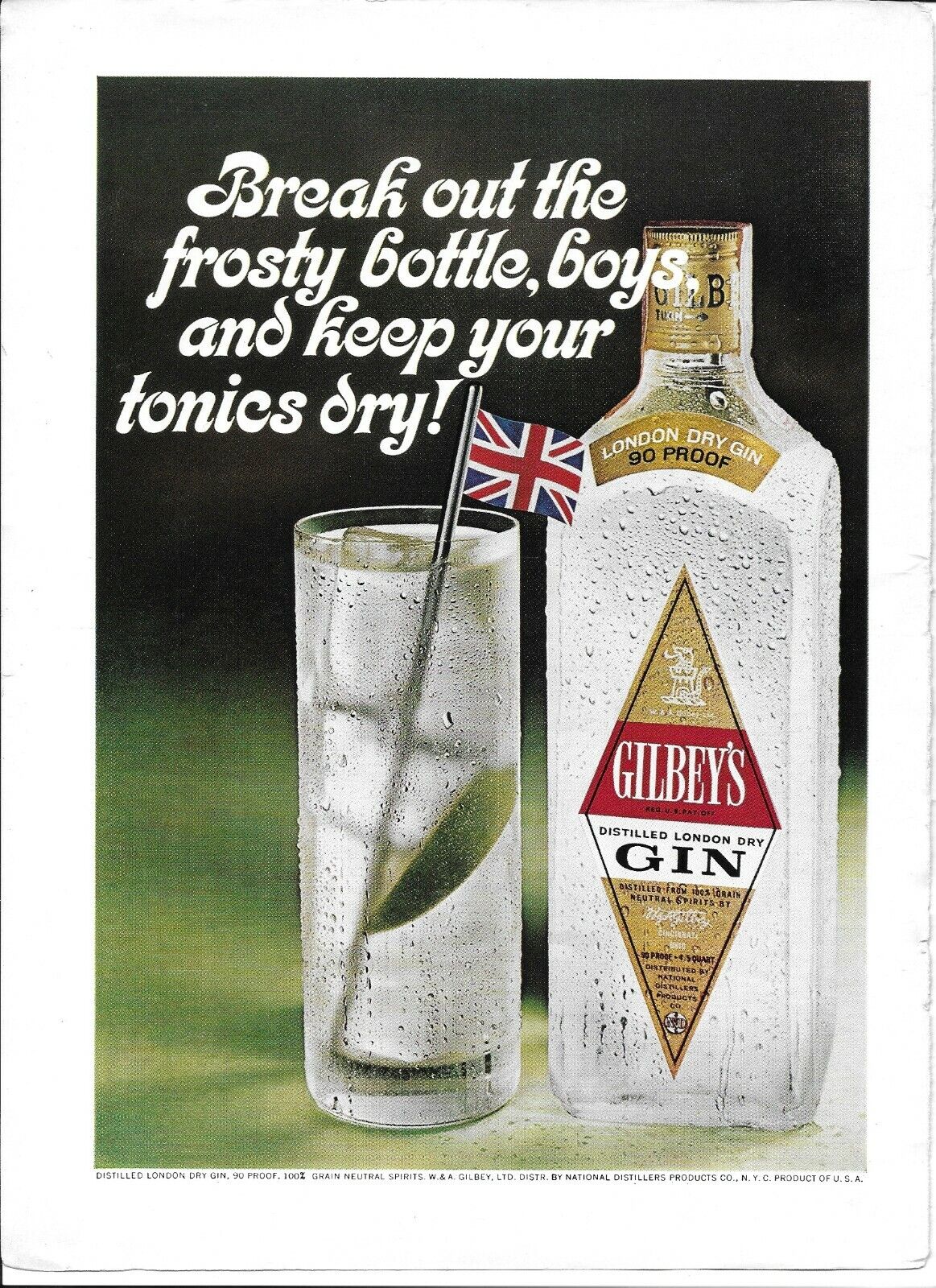 1967 Gilbey\'s London Dry Gin Union Jack Tonic Lime Original Vintage Print Ad
