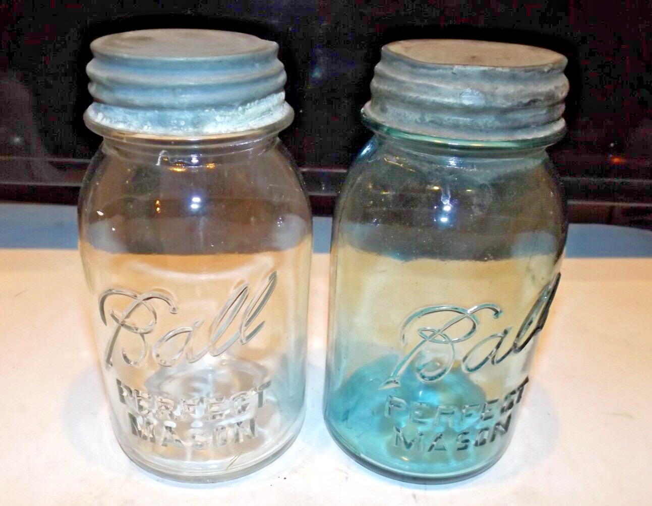 2 Vintage Ball Perfect Mason Fruit Canning Jars Clear #6 Aqua Blue #4 Zinc Lids