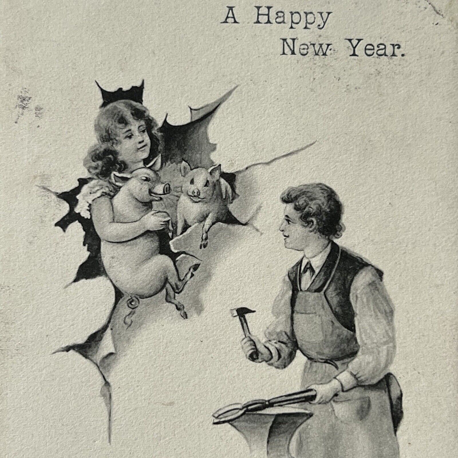 Antique Postcard Woman w/ Sweet Little Pigs Blacksmith Good Luck Happy New Year