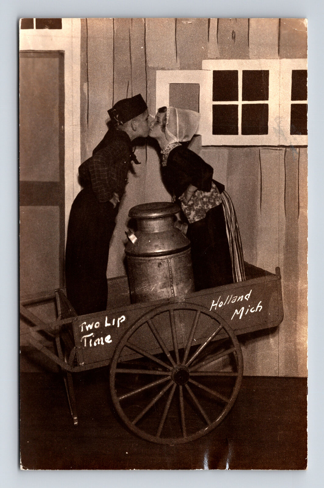 c1937 RPPC Two Lip Time Boy Girl Kiss Dutch Dress Holland Michigan MI Postcard