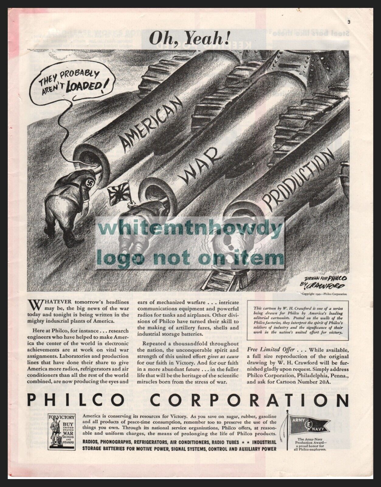 1944 WWII PHILCO Political AD W.H. Crawford Art Hitler Tojo Mussolini Behinds