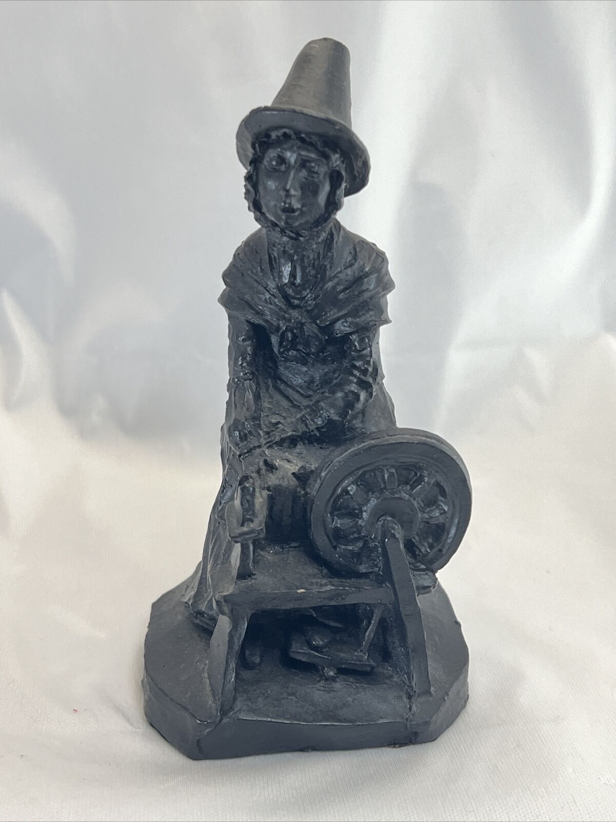 Wales Welsh Lady Coal Figurine  Spinning Wheel Made With Coal From Wales 5.5”
