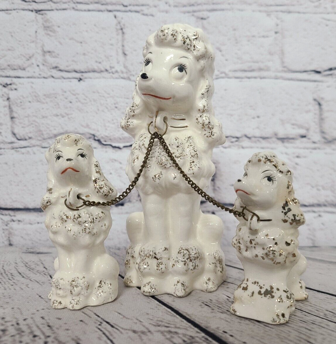 Vtg 1960s Mid Century Ceramic Poodle Dog Mom with Puppies Chain Family Figurines