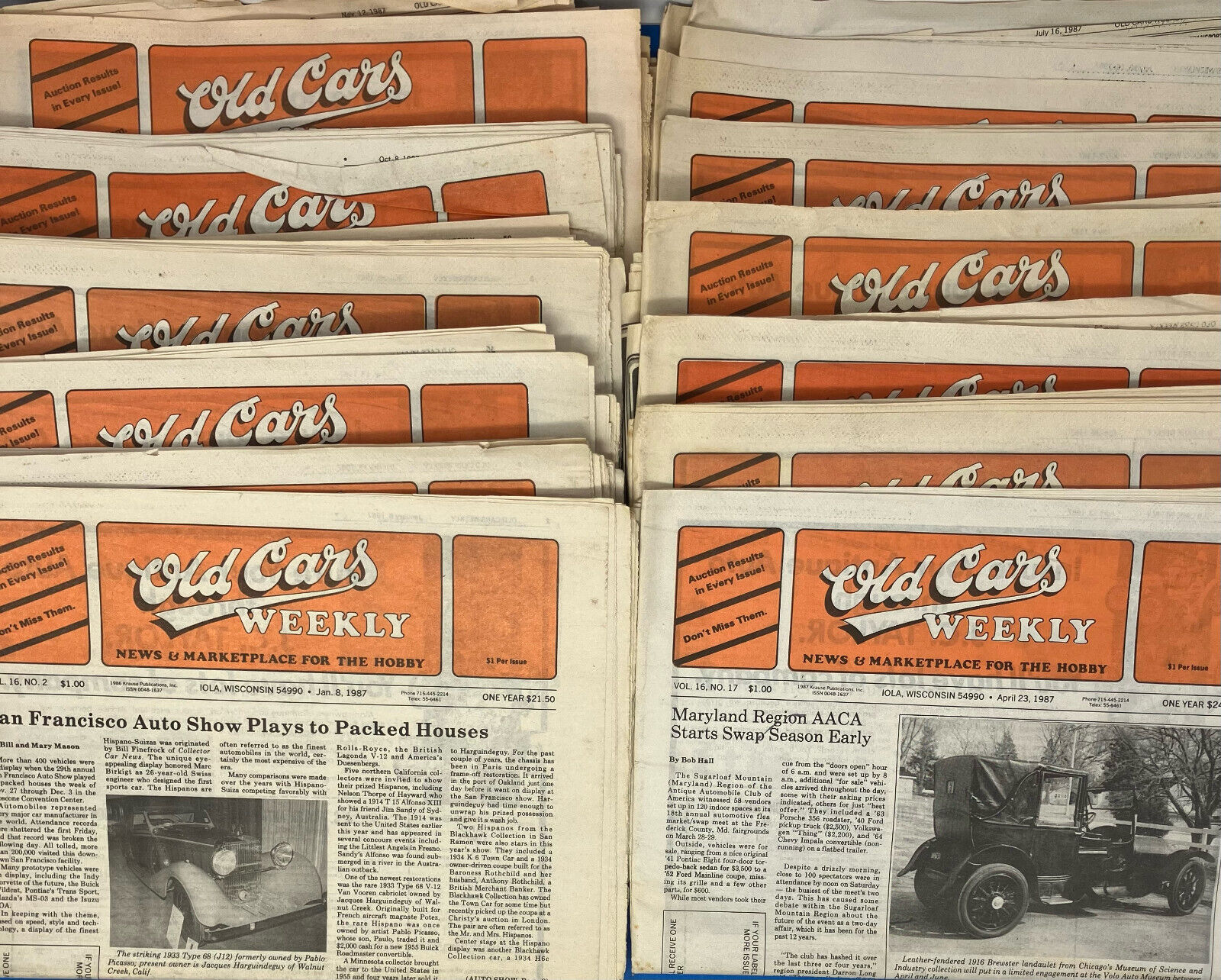 1987, Lot of 17 OLD CARS WEEKLY NEWS & MARKETPLACE, 90 Years of Oldsmobile