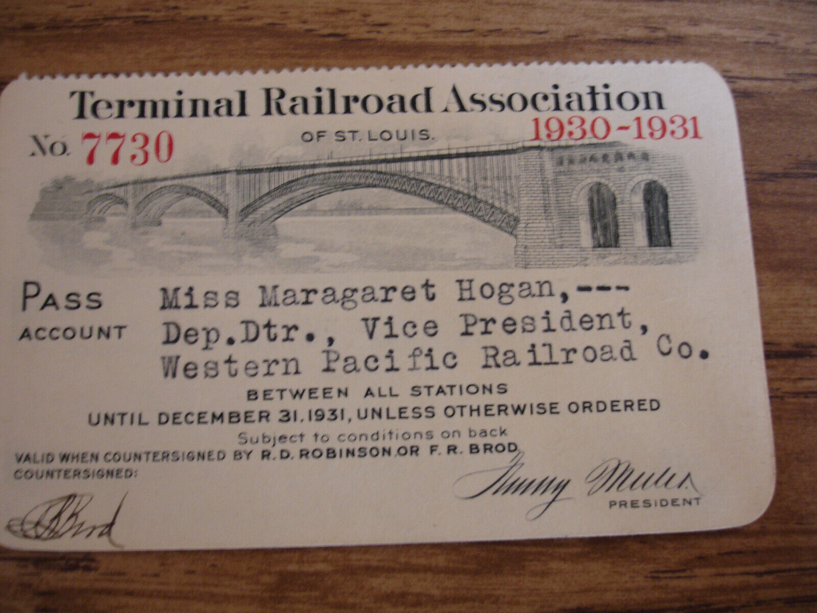 1930-31 Terminal Railroad Association Issued to Western Pacific Employee