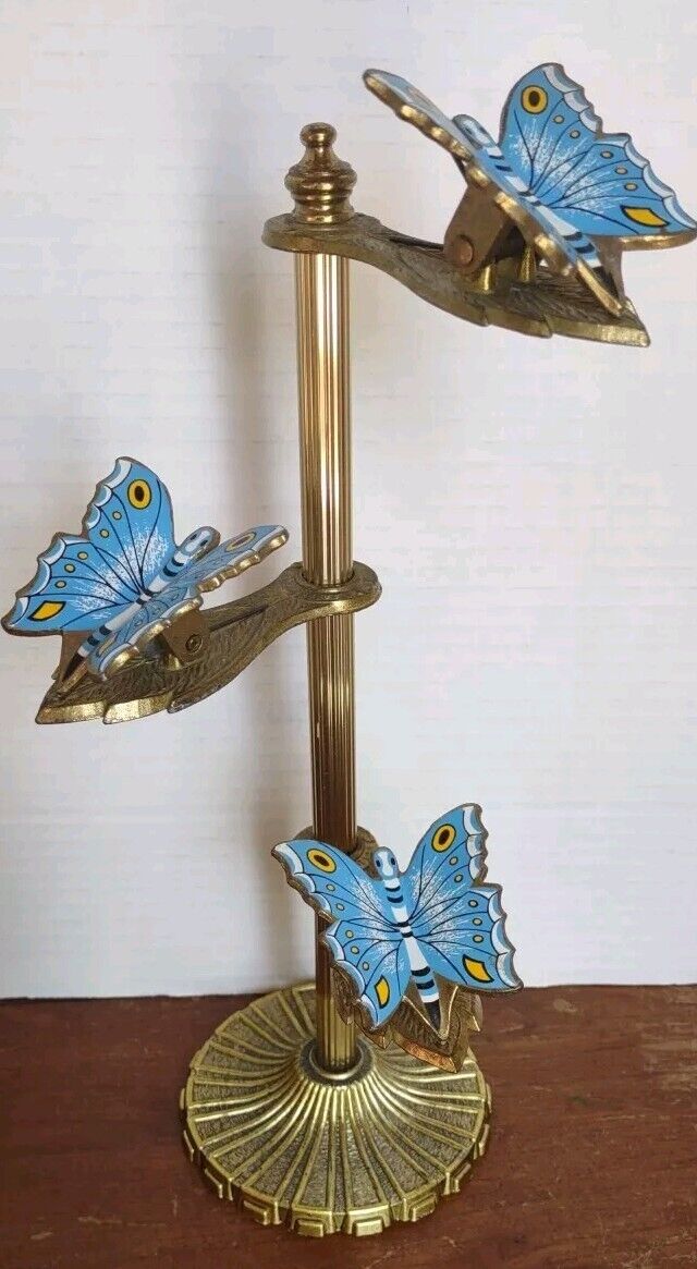 Vintage Allied Brass 3 Butterfly Clip Holder Stand Note Letter Hand Towel Glove