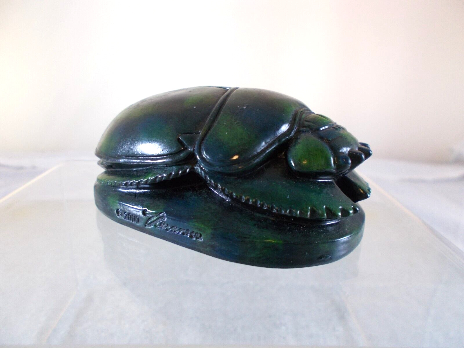 Signed Veronese Green Resin Egyptian Scarab Beetle Paperweight with Hieroglyphs
