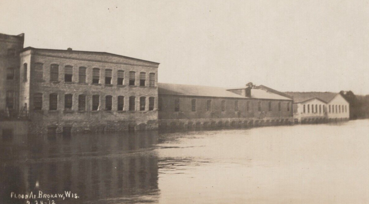 Flooded Industry Buildings in Brokaw Wisconsin Real Photo Vintage Post Card
