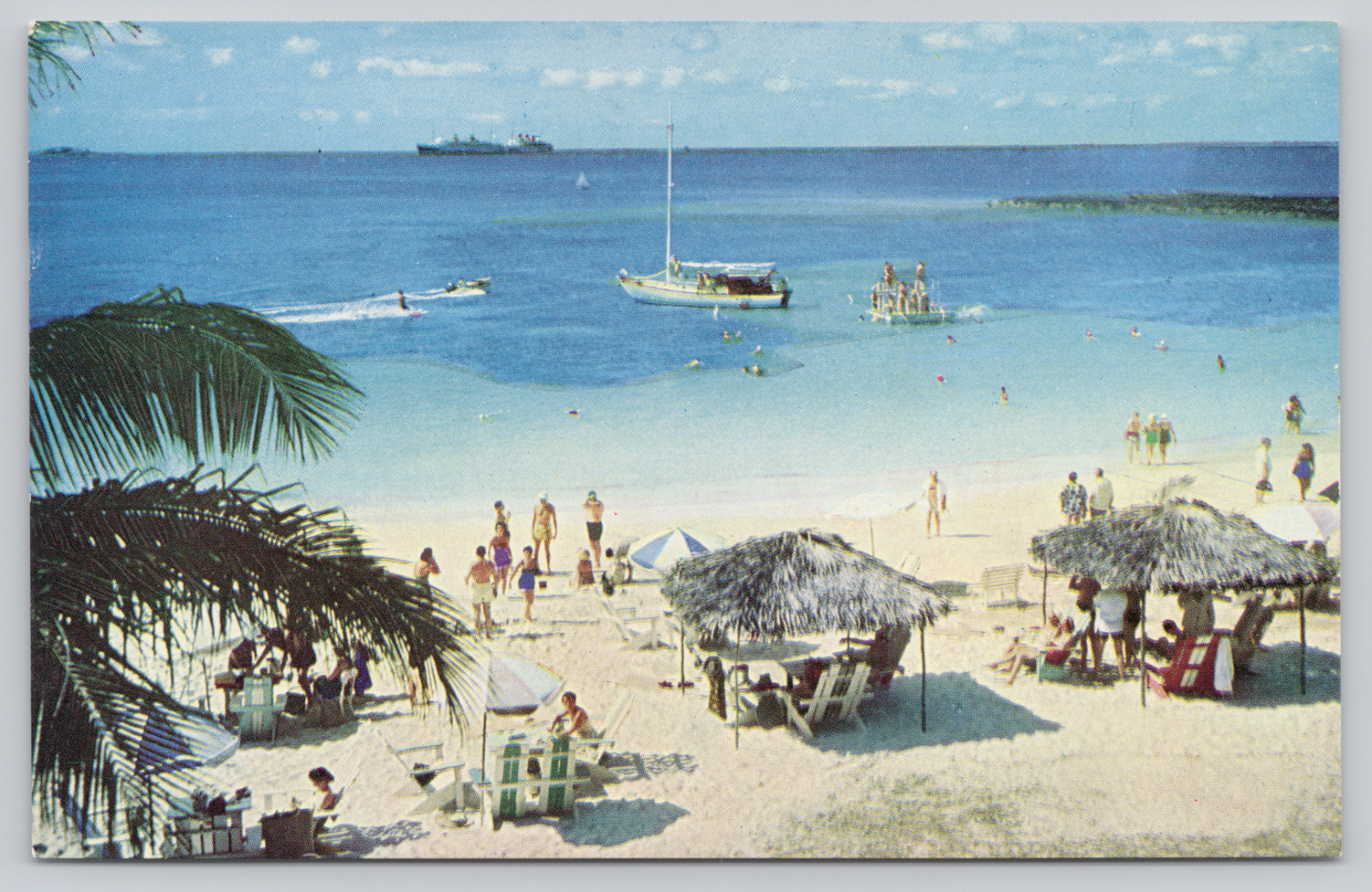Paradise Beach Nassau Bahamas, Postcard c1950s Sailboat Cabana Swimming Umbrella