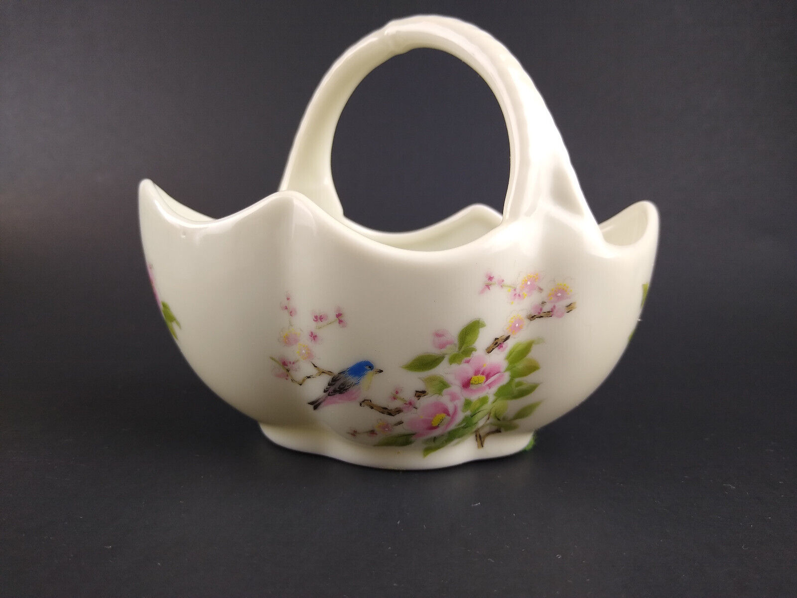 Vintage Small Ceramic Basket Bird Flowers Toothpick Trinket Holder Takahashi 