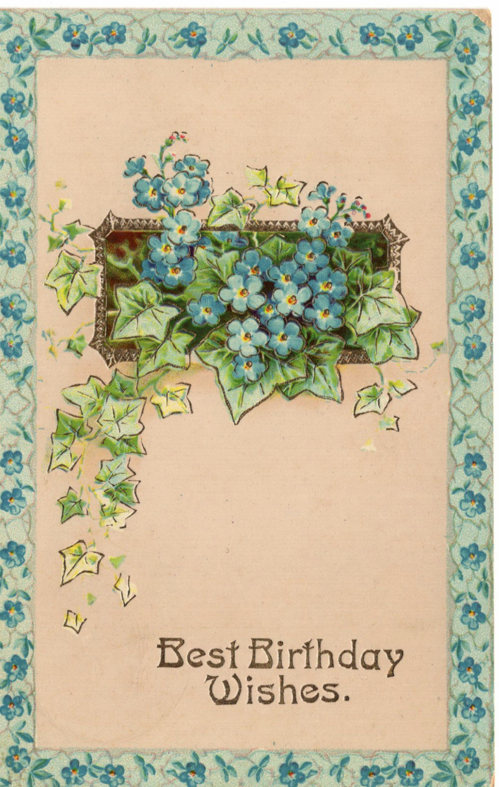 Postcard Birthday Greetings Blue Flowers Green Leaf Border -9582