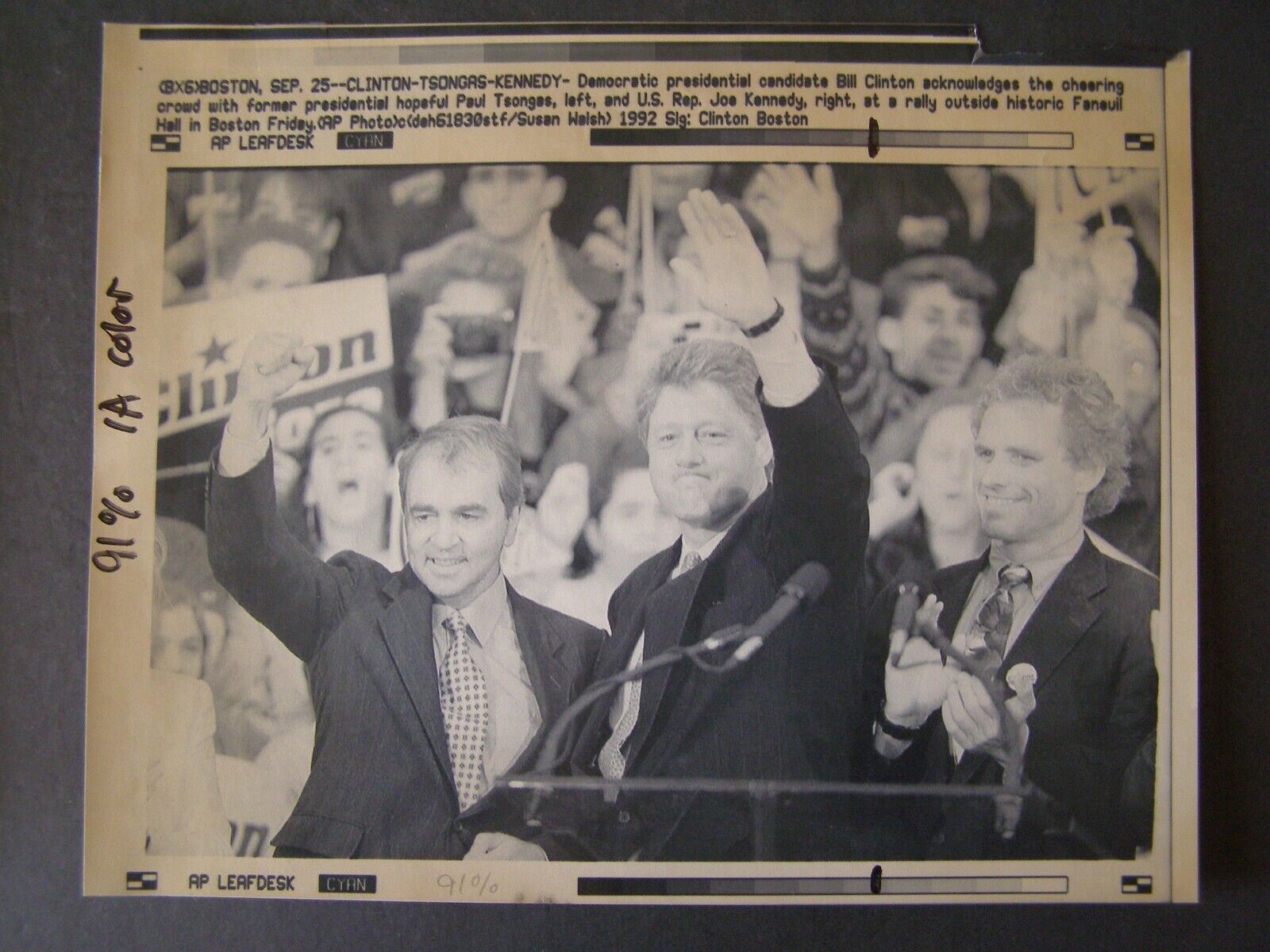 AP Wire Press Photo 1992 Presidential Candidate Bill Clinton Joe Kennedy Tsongas