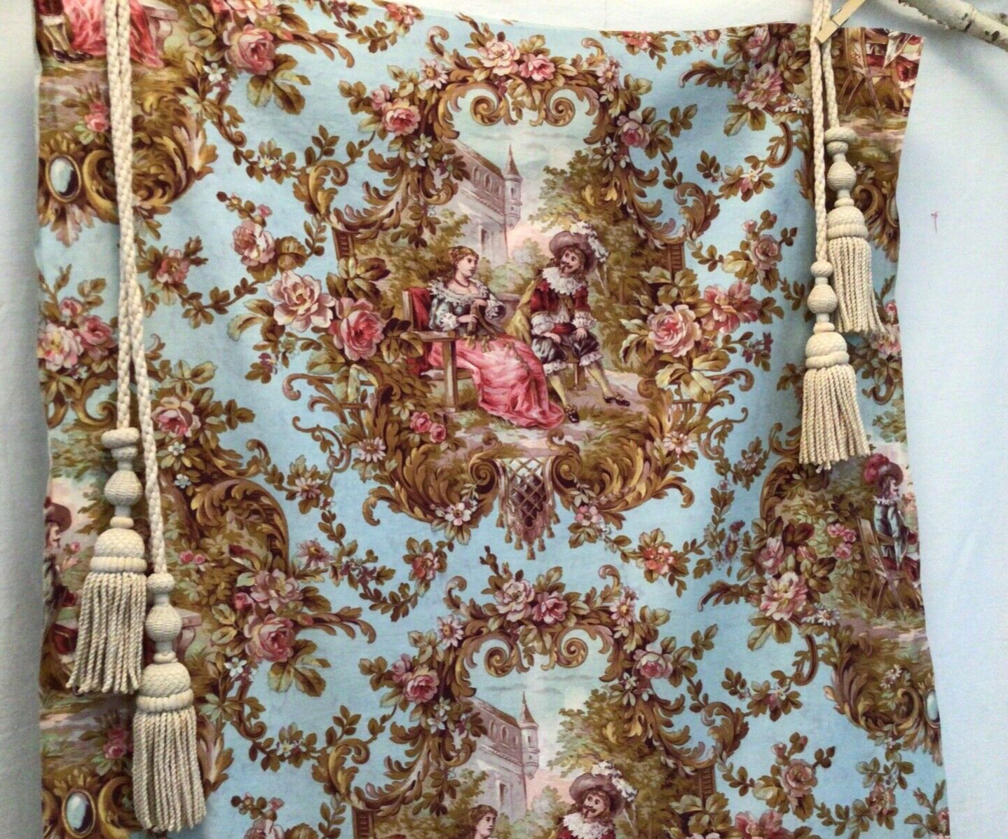 Delightful Antique French Romantic Toile Heavy Printed Cotton Unused Fabric