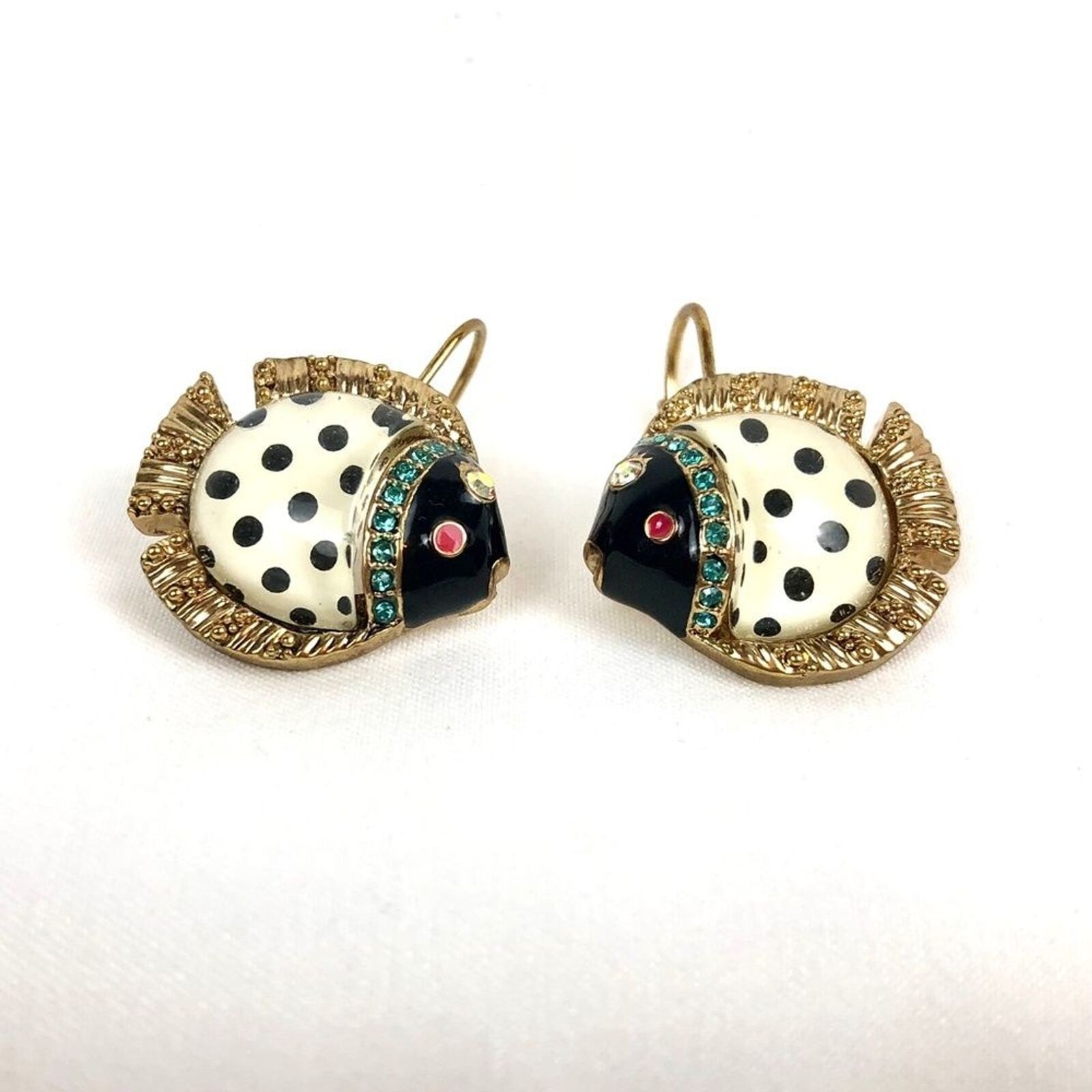 Vintage 1950s Black & White Polka Dot Flounder Rhinestone Glass Bubble Earrings